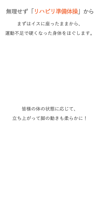  無理せず「リハビリ準備体操」から まずはイスに座ったままから、 運動不足で硬くなった身体をほぐします。 皆様の体の状態に応じて、 立ち上がって脚の動きも柔らかに！ 